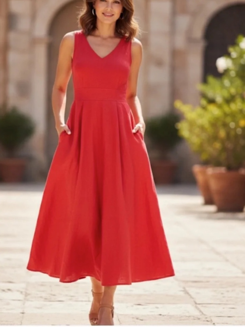 Nicole Miller Linen Empire Waist Fit and Flare Midi Dress RED W/POCKETS Size 10